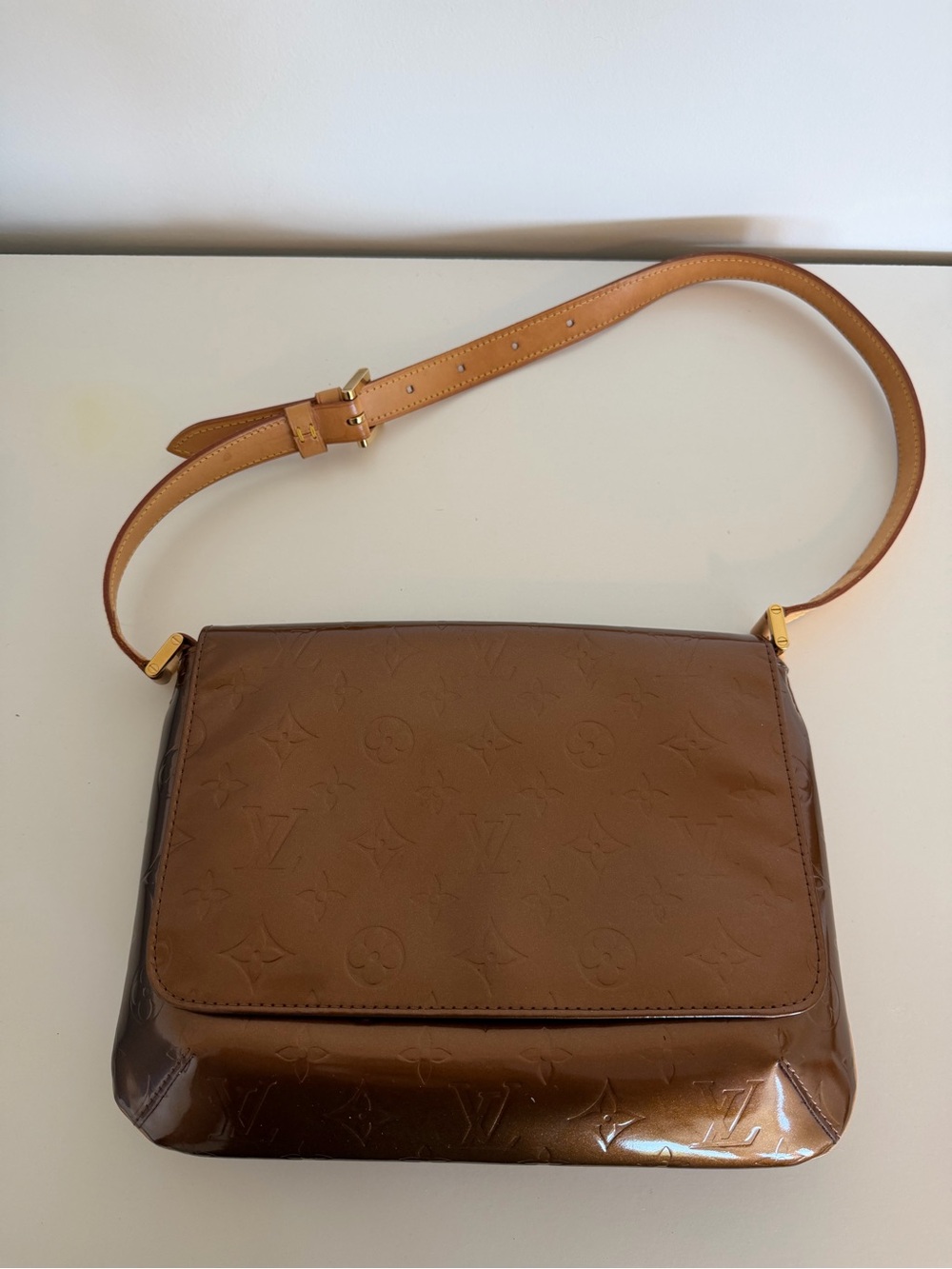 Louis Vuitton Brown Vernis Shoulder Bag with Tan Strap
